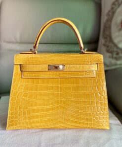 Túi xách HERMES Kelly da cá sấu màu vàng