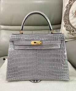Túi xách HERMES Kelly Da cá sấu màu xám trắng