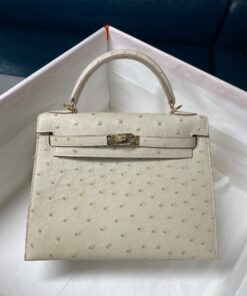 Túi xách Hermes Kelly 25 da đà điểu màu trắng