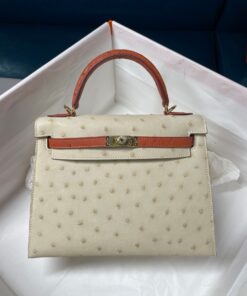 Túi xách Hermes Kelly 25 Da Đà Điểu màu be kem nhạt