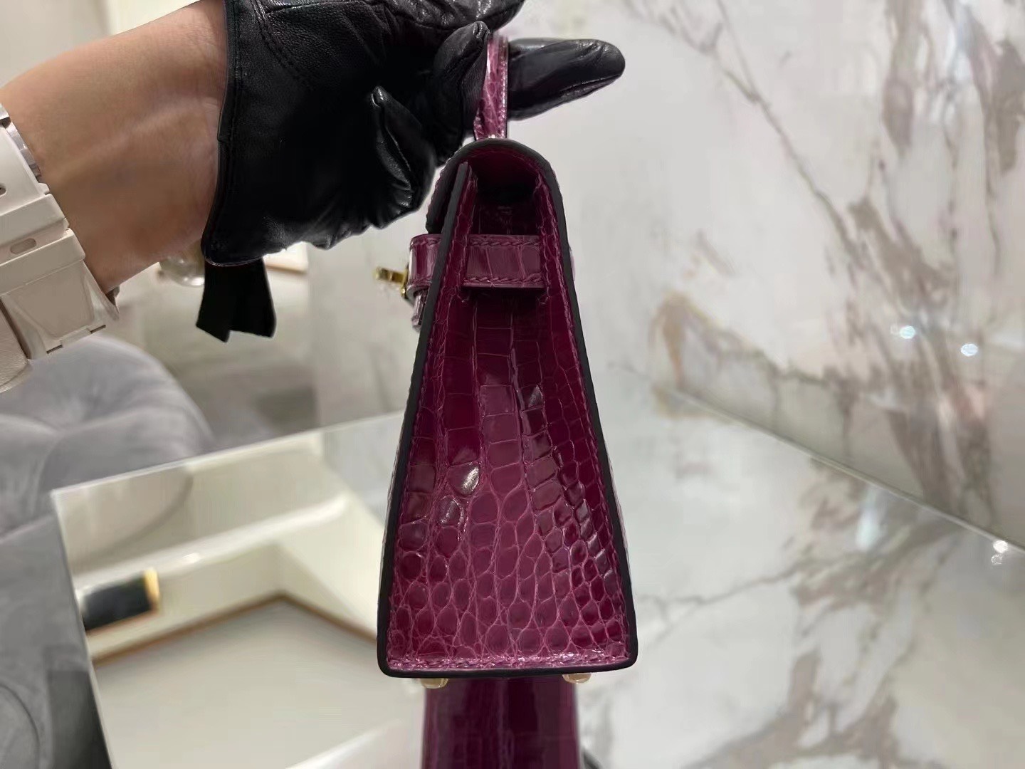 Túi Xách Siêu Cấp - Địa chỉ mua túi xách Hermes Vert Bosphore Shiny Alligator Mini Kelly màu tím đỏ uy tín