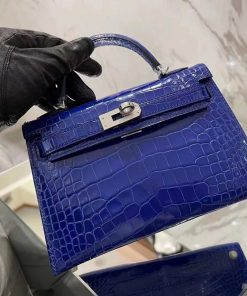 Túi xách Hermes Vert Bosphore Shiny Alligator Mini Kelly màu xanh dương