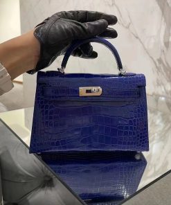 Túi xách Hermes Vert Bosphore Shiny Alligator Mini Kelly Màu Xanh Dương