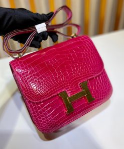 Túi xách Hermes Constance da cá sấu màu hồng đậm siêu cấp