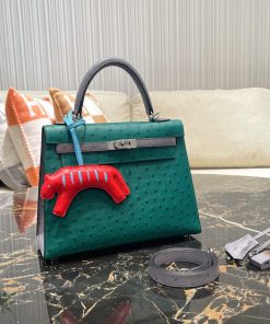 Túi xách Hermès Kelly Sellier 25 Vert Vertigo và Bleu Iris Ostrich