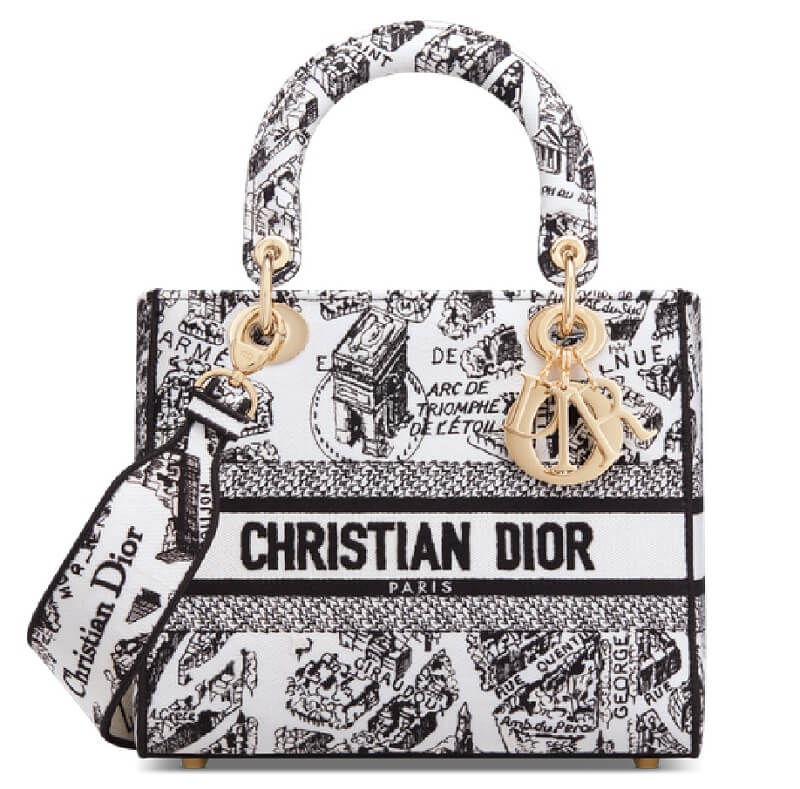Túi xách Dior Medium Lady D-Lite Bag White & Black Plan De Paris Embroidery